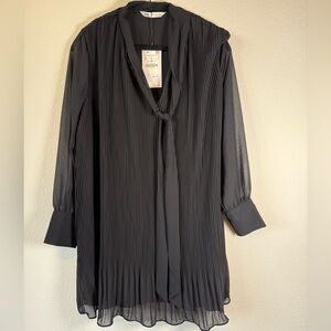 Zara Black Sheer Tie Neck Blouse L NWT Pleated Overlay Long Sleeve